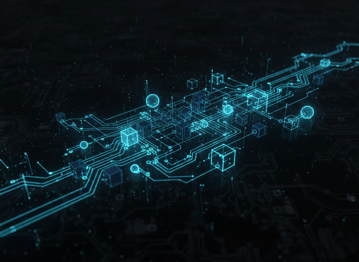 Abstract dark visualization of an integrated energy conversion platform, glowing cyan and blue interconnected process nodes and flow lines on deep black