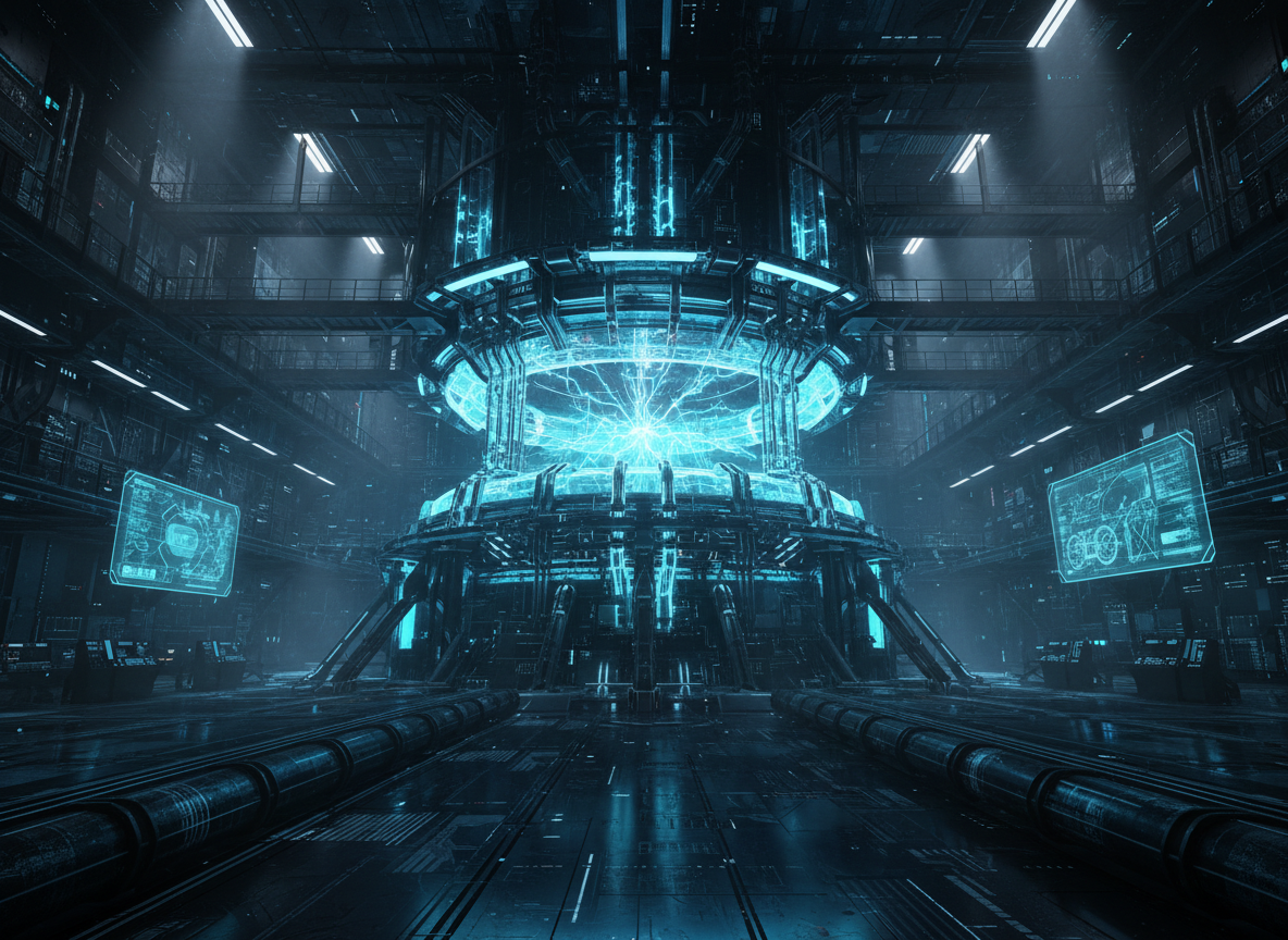 Cinematic dark industrial energy facility interior, glowing turquoise and electric blue plasma reactor core
